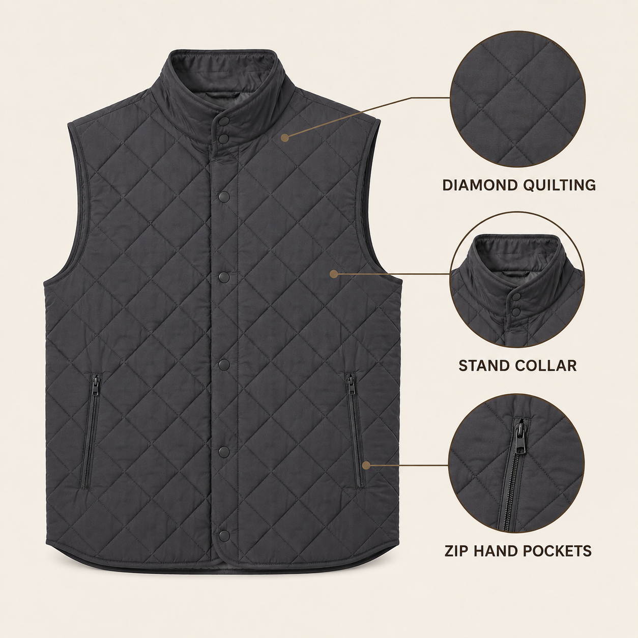 Channel Quilted Vest — Charcoal